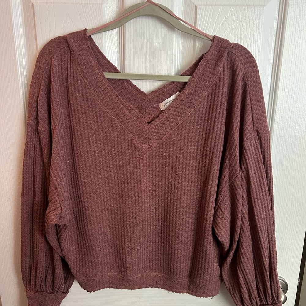 Vestique Pink V-Neck Sweater with Puff Sleeves